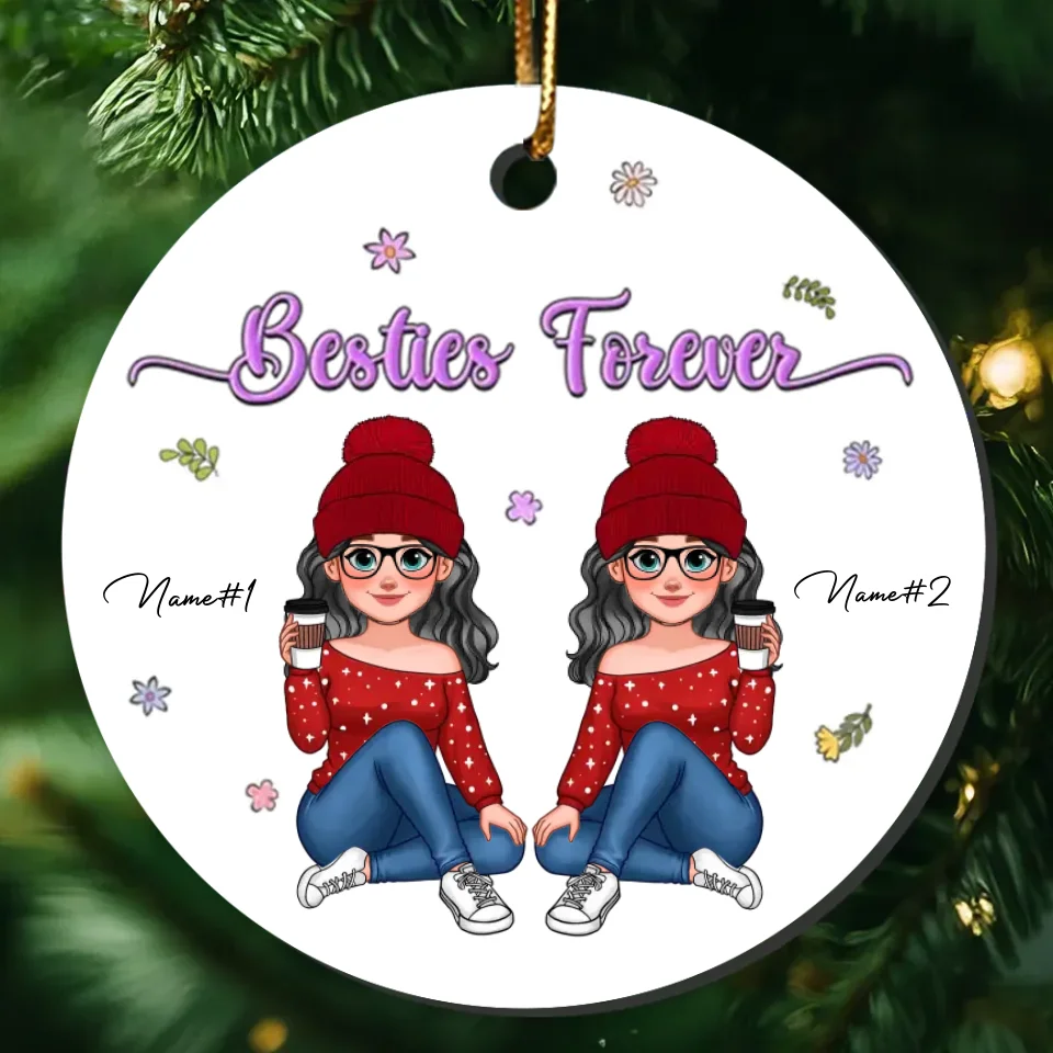 Animated Sisters Forever Floral Personalized Ceramic Ornament, Christmas Gift For Sisters, Best Friends