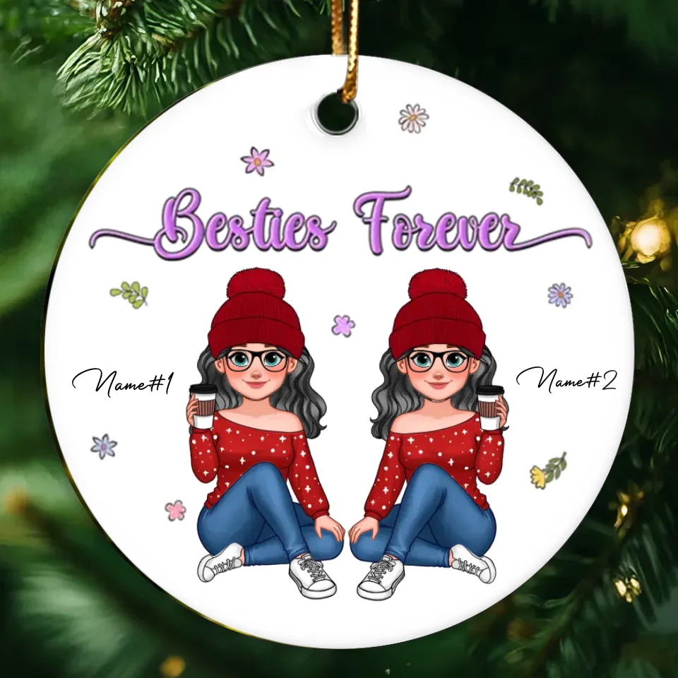 Animated Sisters Forever Floral Personalized Ceramic Ornament, Christmas Gift For Sisters, Best Friends