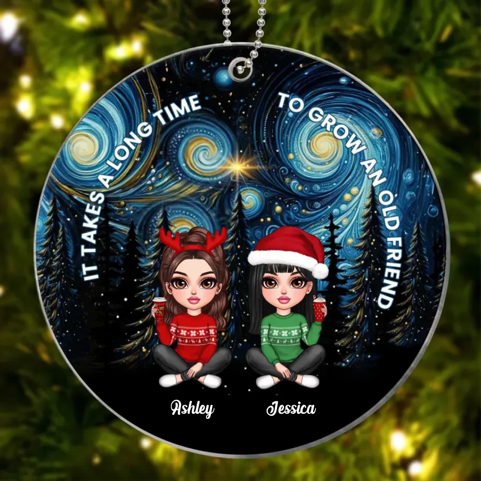 Starry Night Besties Sisters Sitting Personalized Circle Ceramic Ornament, Christmas Gift