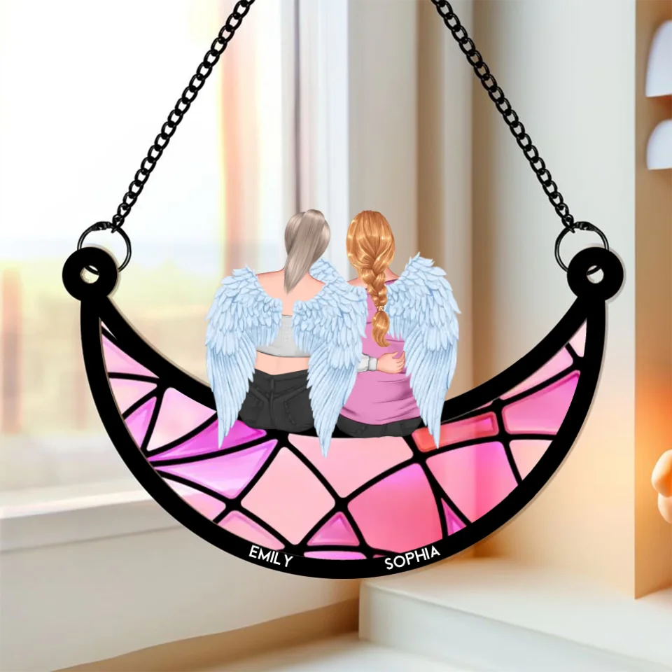 Mother & Daughter On The Moon - Personalized Window Hanging Suncatcher Ornament