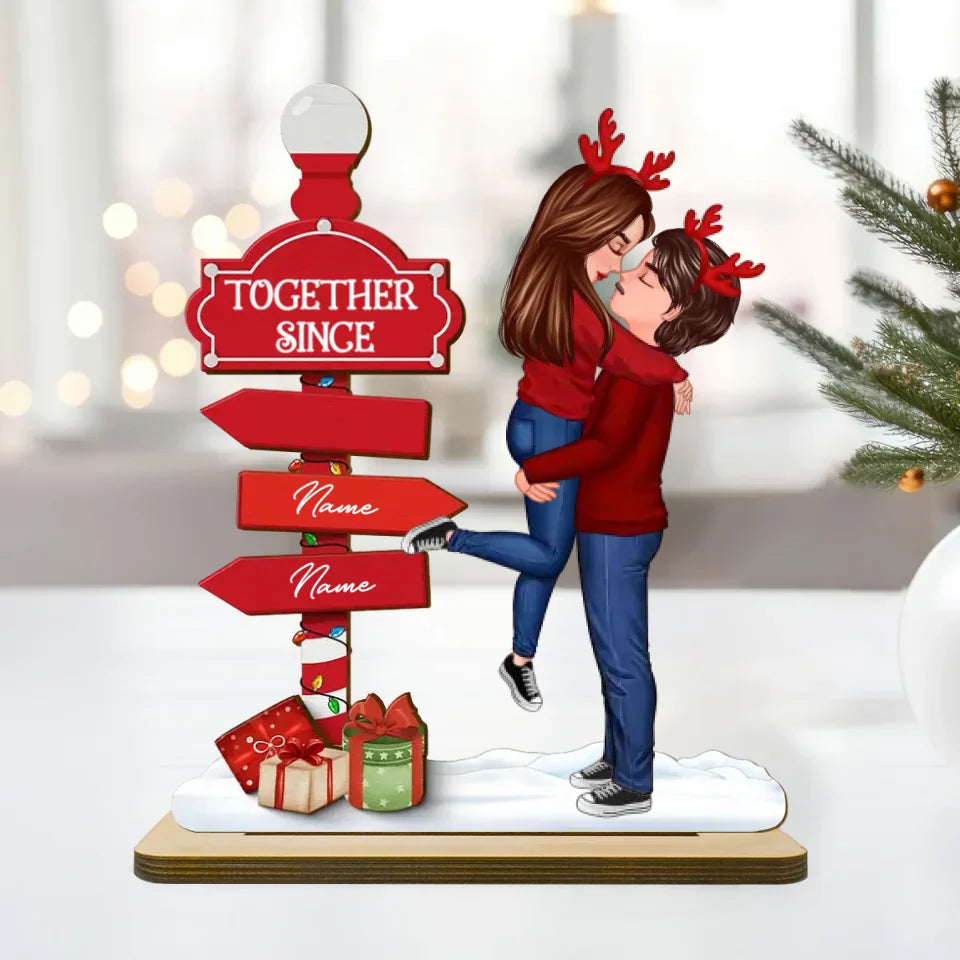 Christmas Couple Kissing Sign Personalized Standing Wooden Plaque