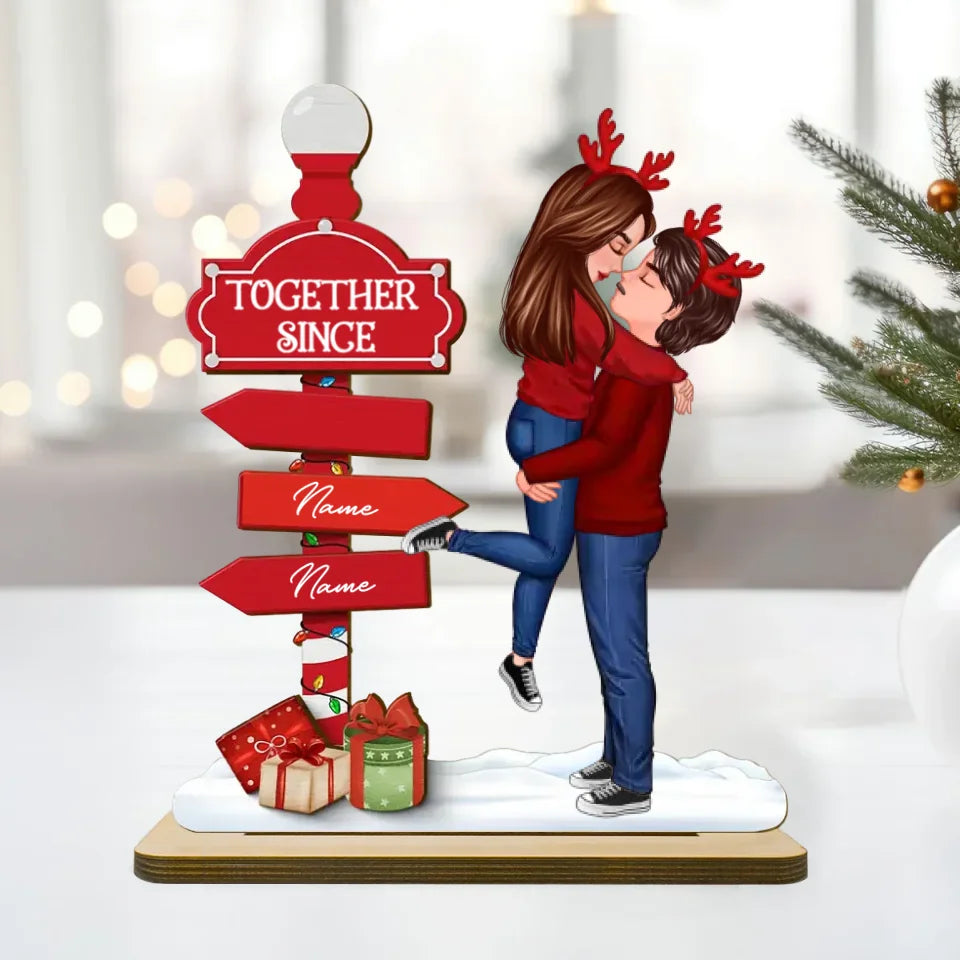 Christmas Couple Kissing Sign Personalized Standing Wooden Plaque