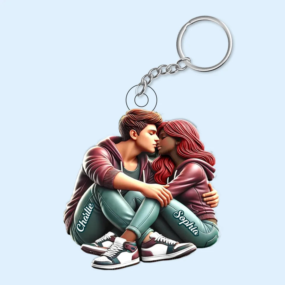 3D Effect Couple Sitting Kissing Personalized Acrylic Keychain, Heartfelt Gift For Couple, For Him, For Her, Boyfriend, Girlfriend, Husband, Wife