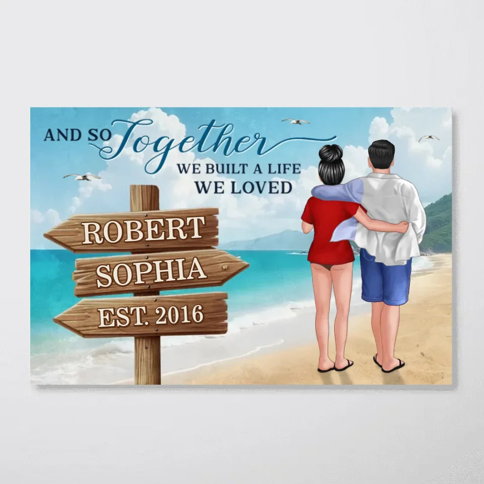 Couple Embracing & Walking On The Beach Personalized Poster, Heartfelt Gift For Couple, For Him, For Her, Boyfriend, Girlfriend, Husband, Wife