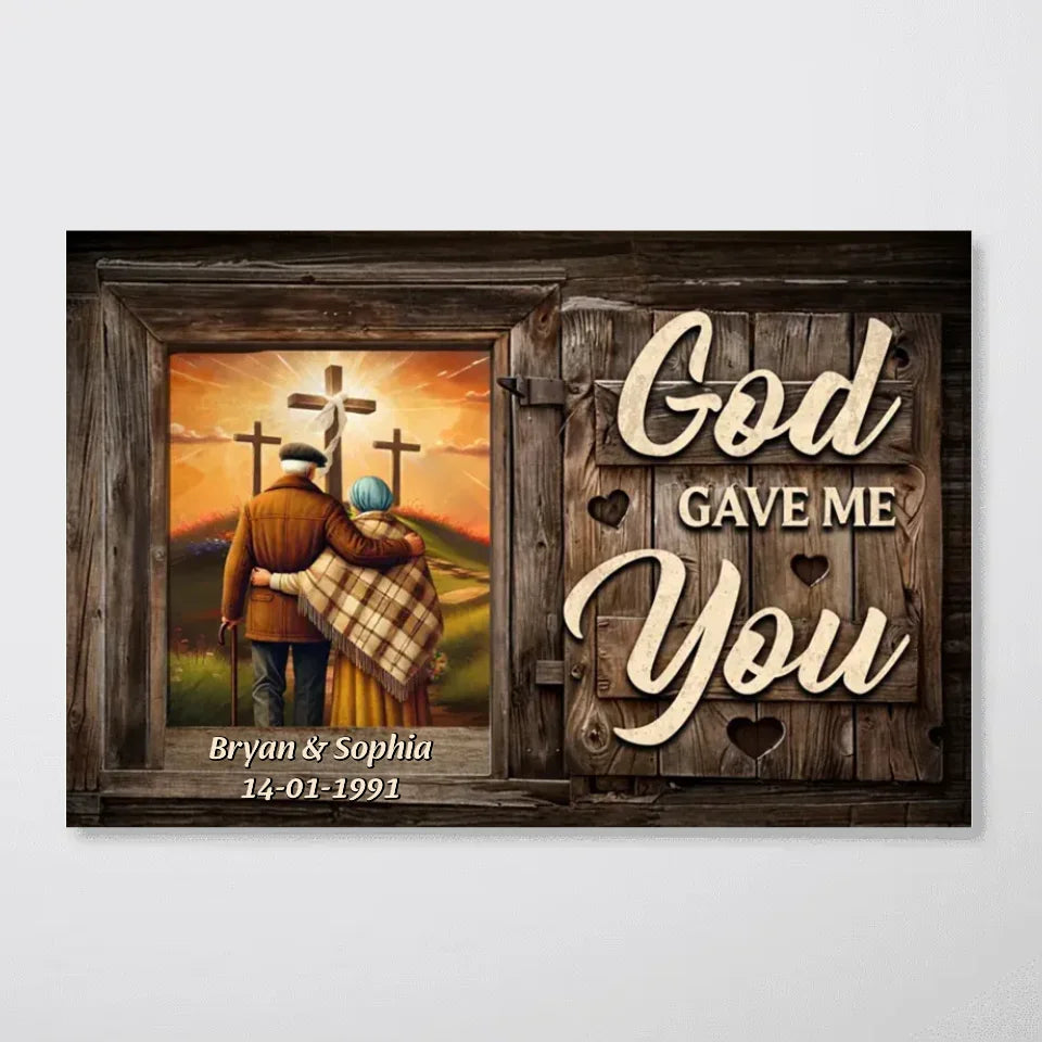 Cross God Knew My Heart Needed You Old Couple Walking Hugging Personalized Poster, Anniversary Valentine's Day Gift For Him, Her, Husband, Wife