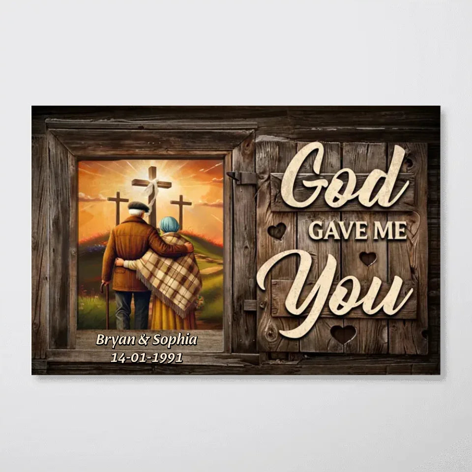 Cross God Knew My Heart Needed You Old Couple Walking Hugging Personalized Poster, Anniversary Valentine's Day Gift For Him, Her, Husband, Wife