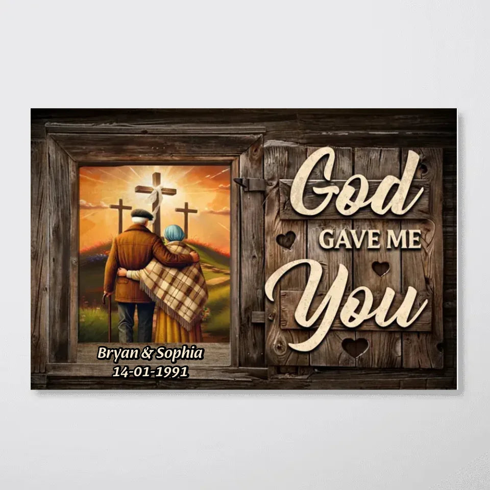 Cross God Knew My Heart Needed You Old Couple Walking Hugging Personalized Poster, Anniversary Valentine's Day Gift For Him, Her, Husband, Wife