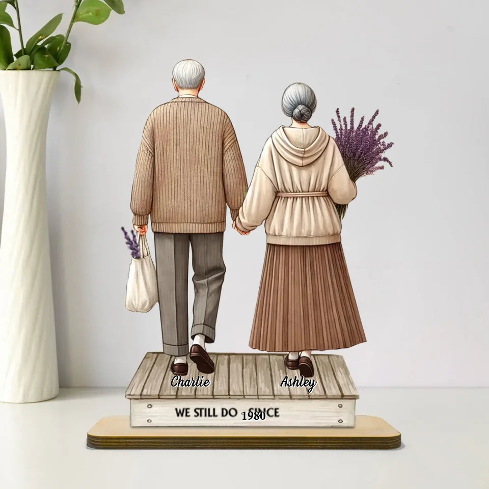 Old Couple Holding Hands Walking Personalized Standing Wooden Plaque