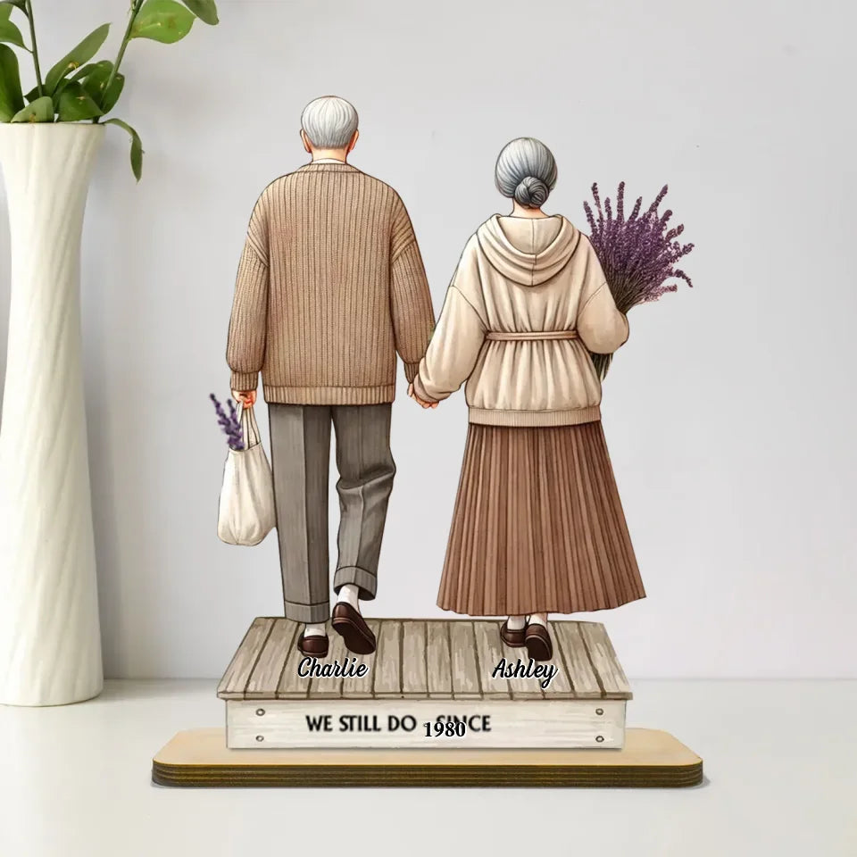 Old Couple Holding Hands Walking Personalized Standing Wooden Plaque