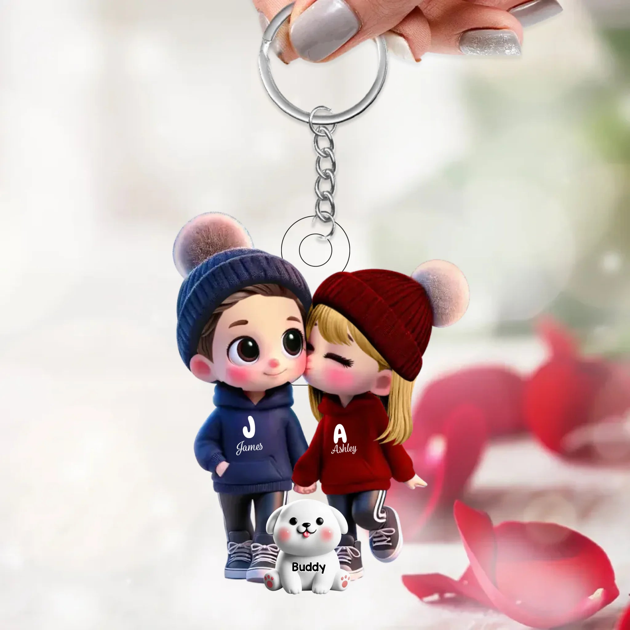 3D Effect Cute Cartoon Couple You Me And The Dog Cat Personalized Acrylic Keychain, Gift for Him, Gift for Her