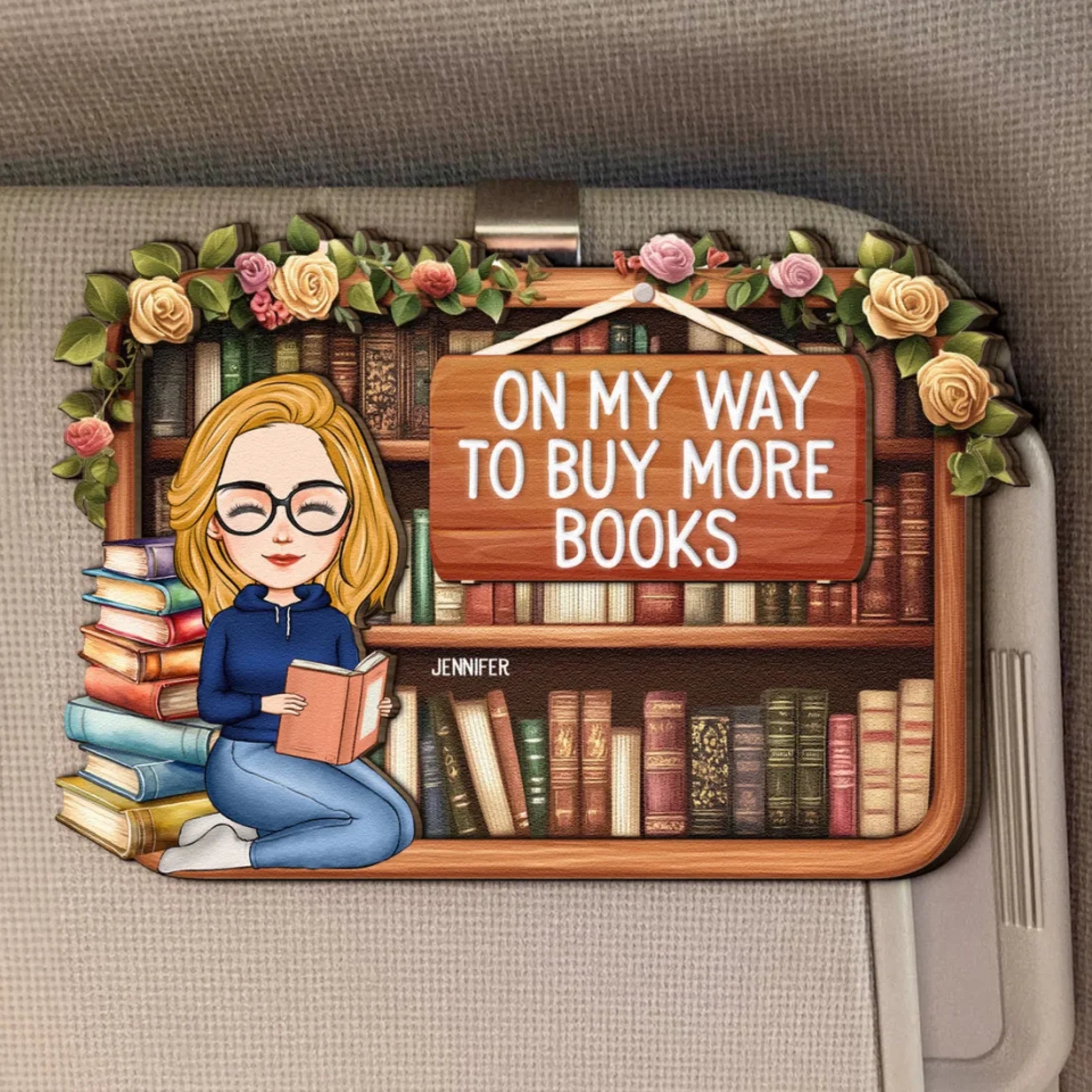 On-My-Way-To-Buy-More-Books-Personalized-Wooden-Car-Visor-Clip_1