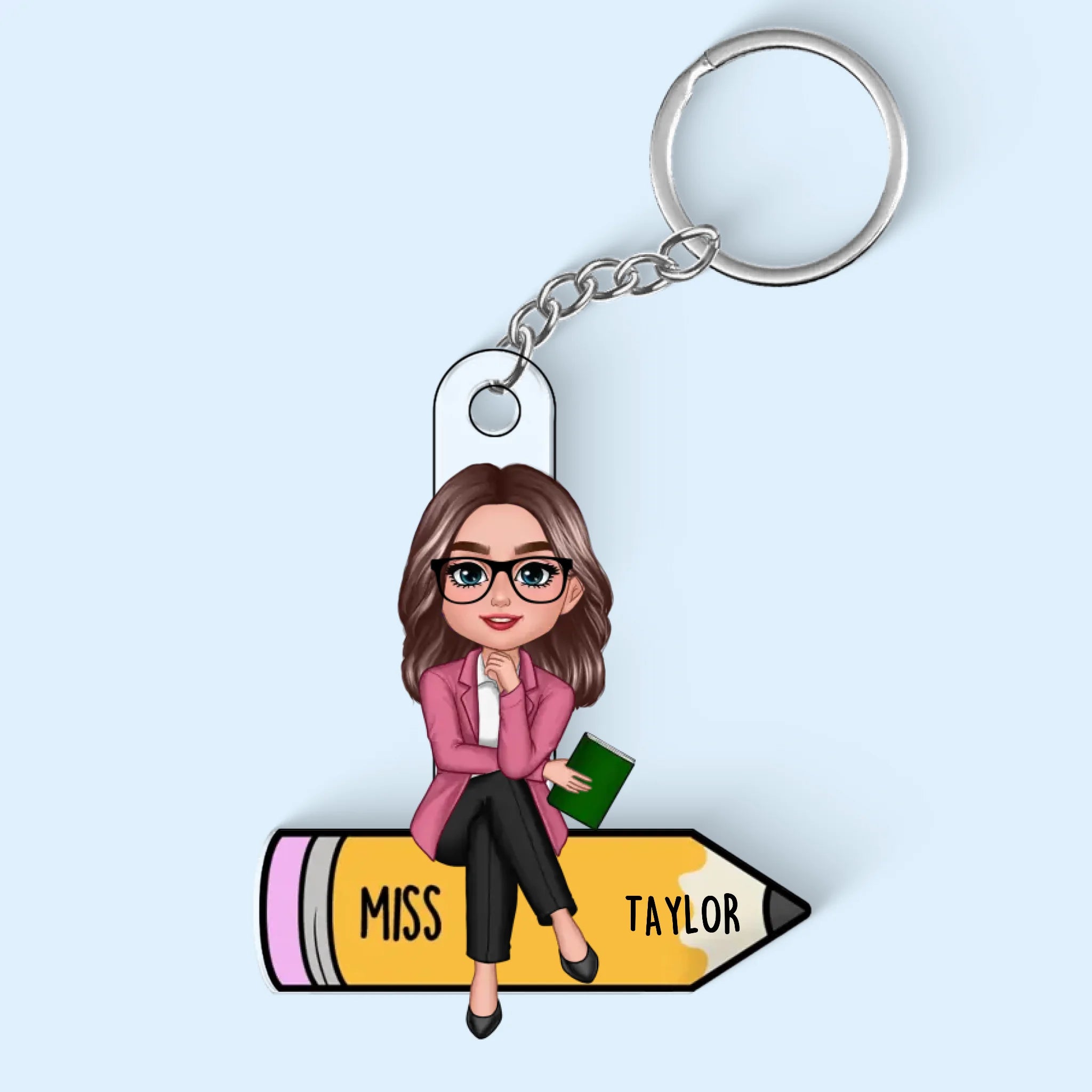 Doll Teacher Sitting On Pencil Personalized Acrylic Keychain, Back To School Gift For Teacher