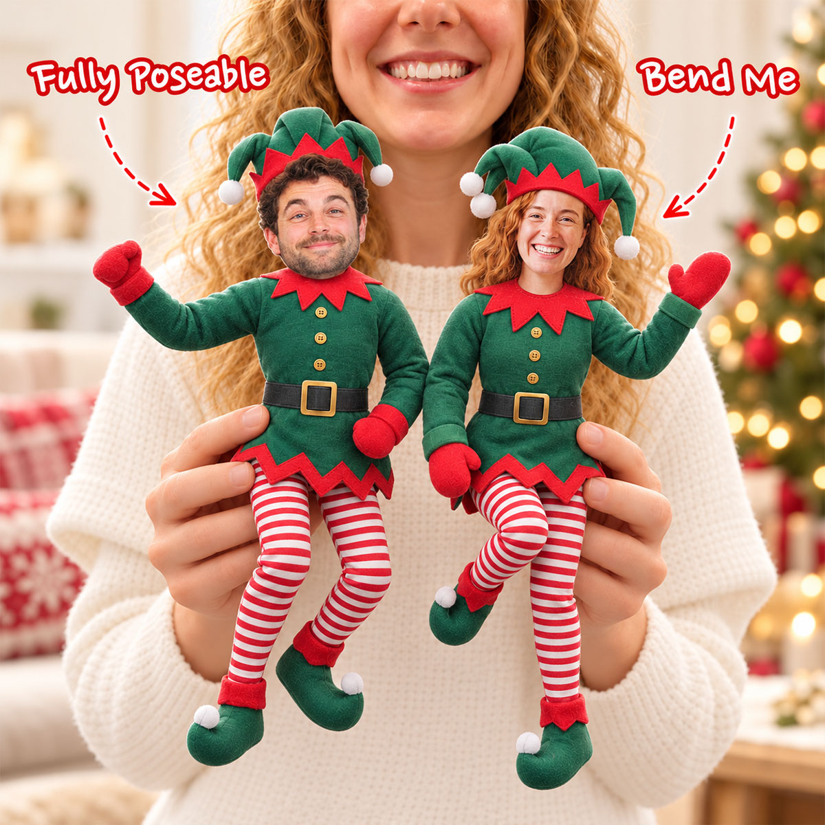 Custom Face Christmas Elf Doll from Photo - Personalized Elf Poseable Plush Doll, Photo Plush Toy, Funny Family Christmas Gift, Holiday Keepsake