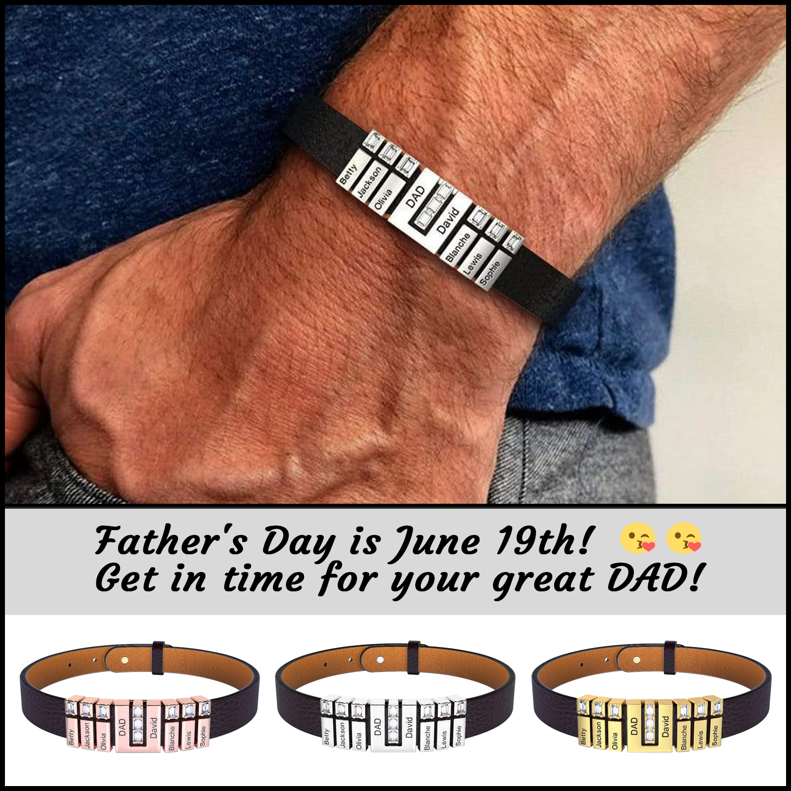 Father's Day Gift Adjustable Leather U Bracelet With Personalized Diamond Beads