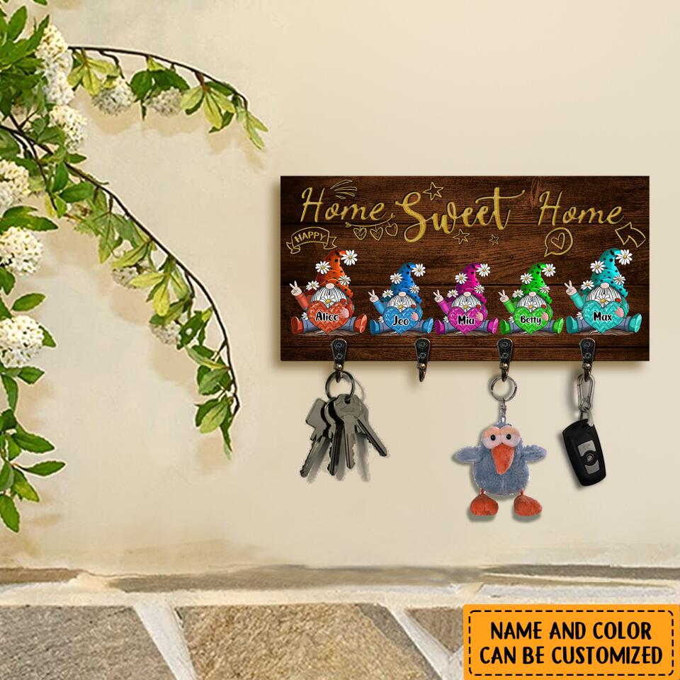 Home Sweet Home - 2-5 Names Personalized Gnomes Gift for Family Wooden Key Hanger