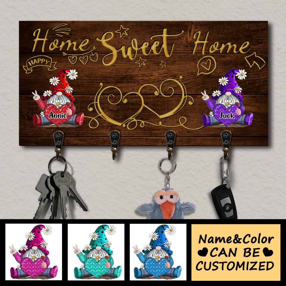 Home Sweet Home - 2-5 Names Personalized Gnomes Gift for Family Wooden Key Hanger