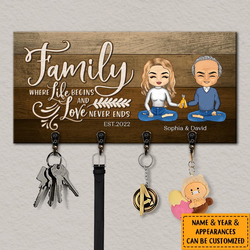 Family, Where Life Begins And Love Never Ends - Personalized Couple Family Wooden Key Hanger