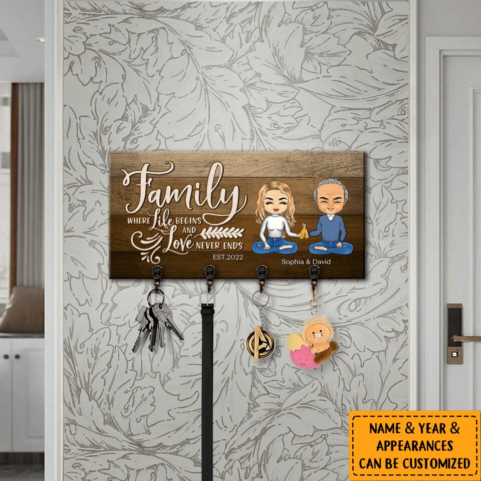 Family, Where Life Begins And Love Never Ends - Personalized Couple Family Wooden Key Hanger