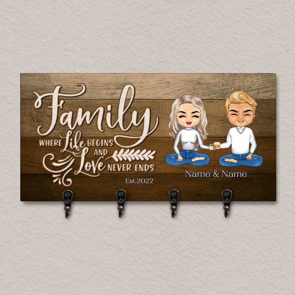 Family, Where Life Begins And Love Never Ends - Personalized Couple Family Wooden Key Hanger