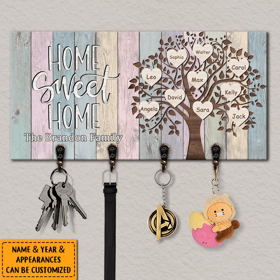 Home Sweet Home - Personalized Couple Family Tree Custom Name Wooden Key Hanger