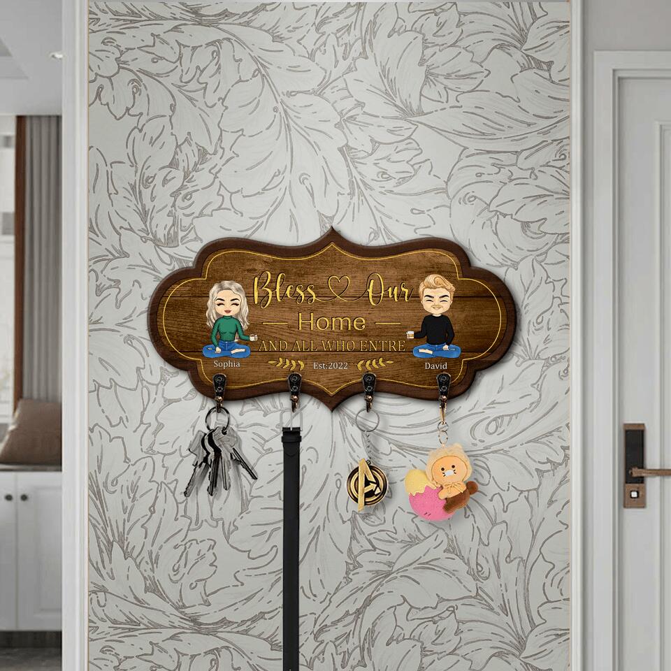 Bless Our Home And All Who Enter - Personalized Couple Family Wooden Key Hanger