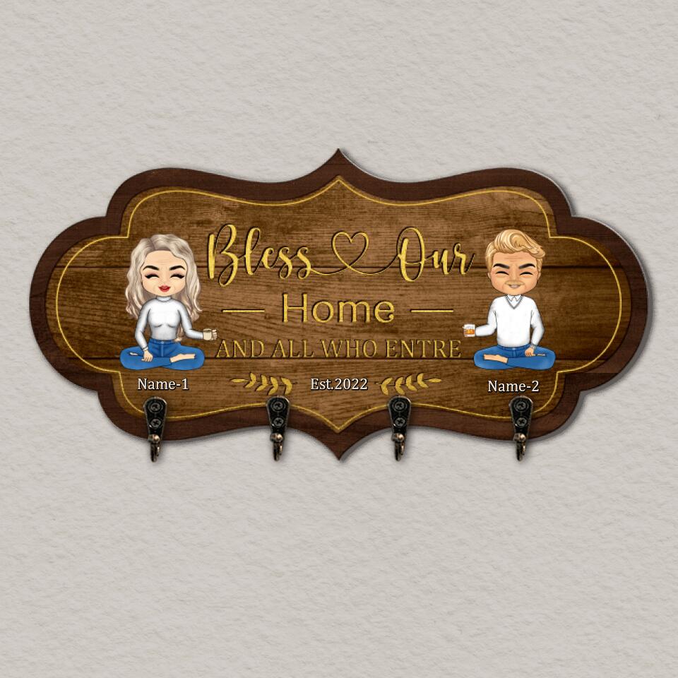 Bless Our Home And All Who Enter - Personalized Couple Family Wooden Key Hanger