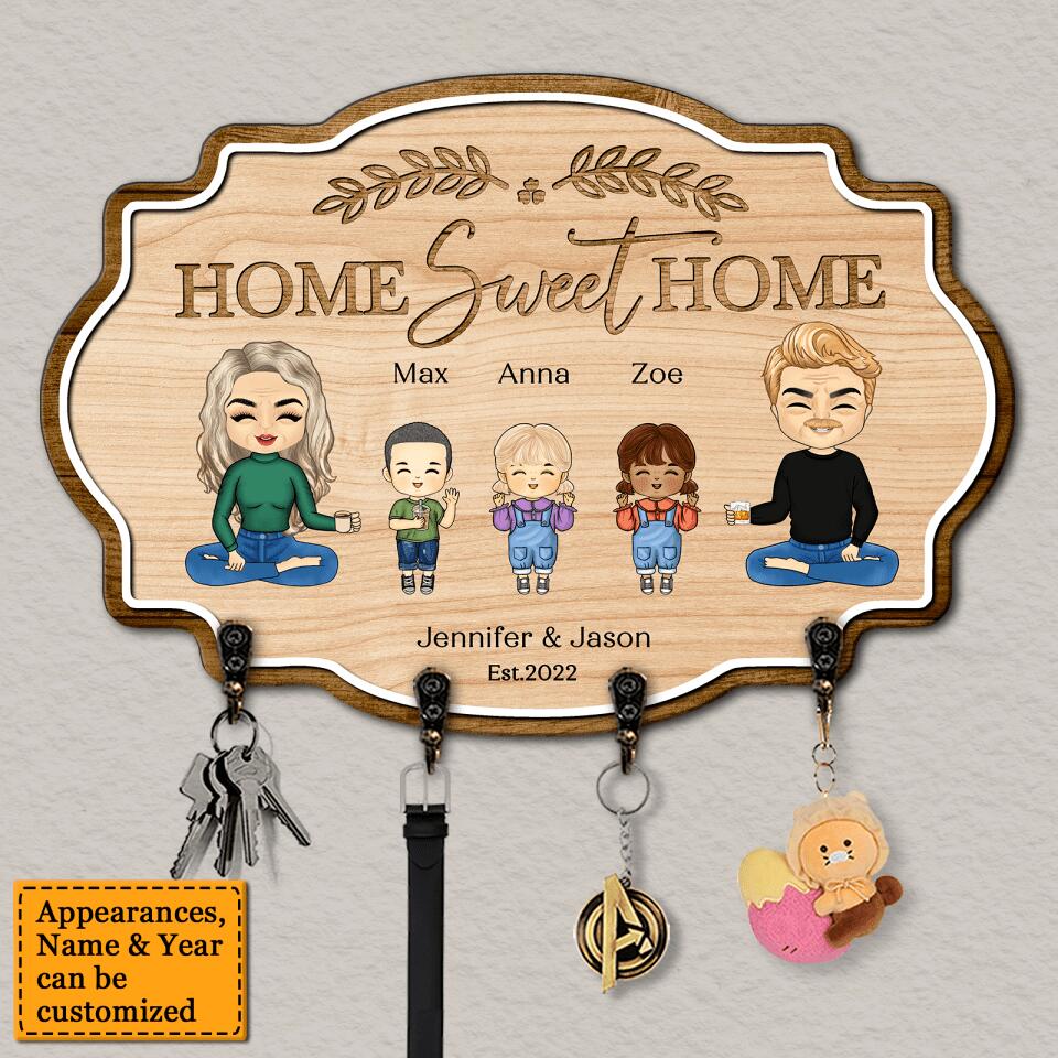 Home Sweet Home - Personalized Parents & Kids Gift For Family, Husband Wife Wooden Key Hanger