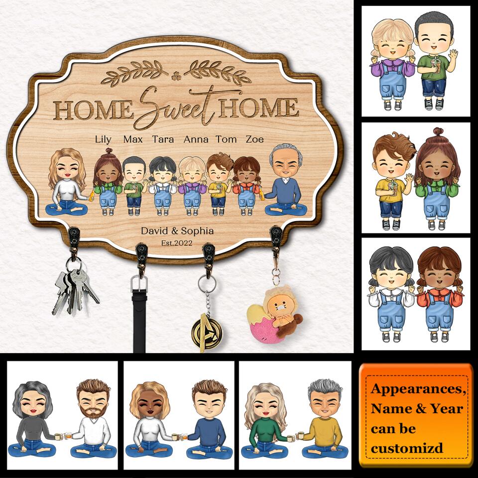 Home Sweet Home - Personalized Parents & Kids Gift For Family, Husband Wife Wooden Key Hanger