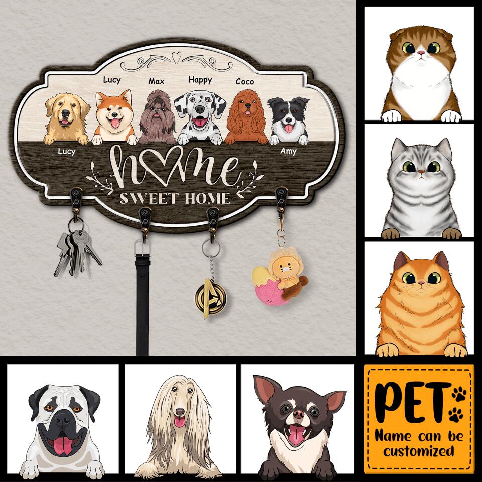 Home Sweet Home - Personalized Cat&Dog Custom Name Pet Wooden Key Hanger