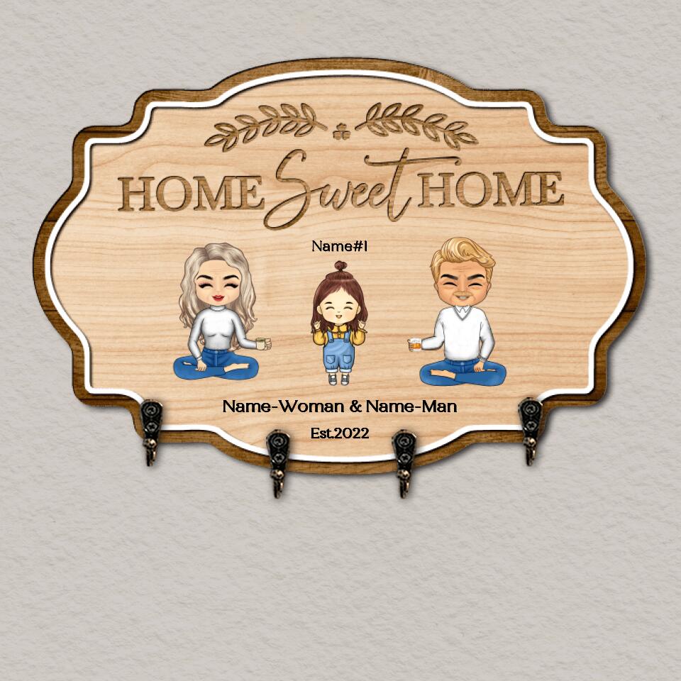 Home Sweet Home - Personalized Parents & Kids Gift For Family, Husband Wife Wooden Key Hanger