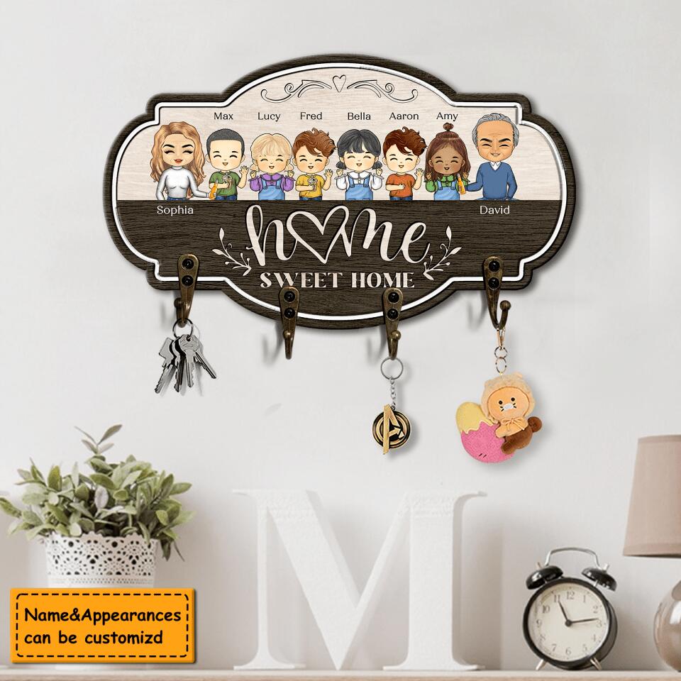 Home Sweet Home - Personalized Parents & Kids Gift For Family, Husband Wife Wooden Key Hanger