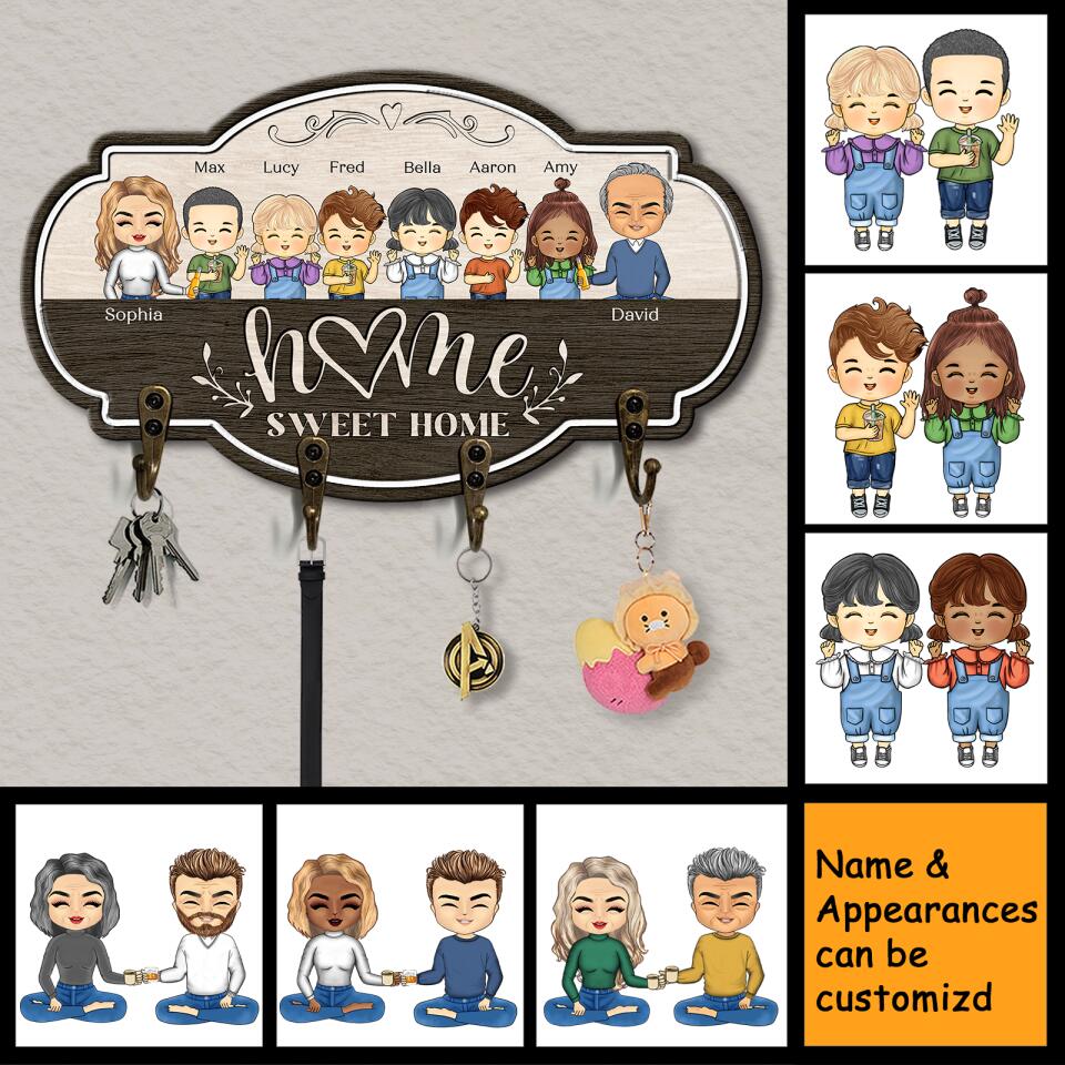 Home Sweet Home - Personalized Parents & Kids Gift For Family, Husband Wife Wooden Key Hanger