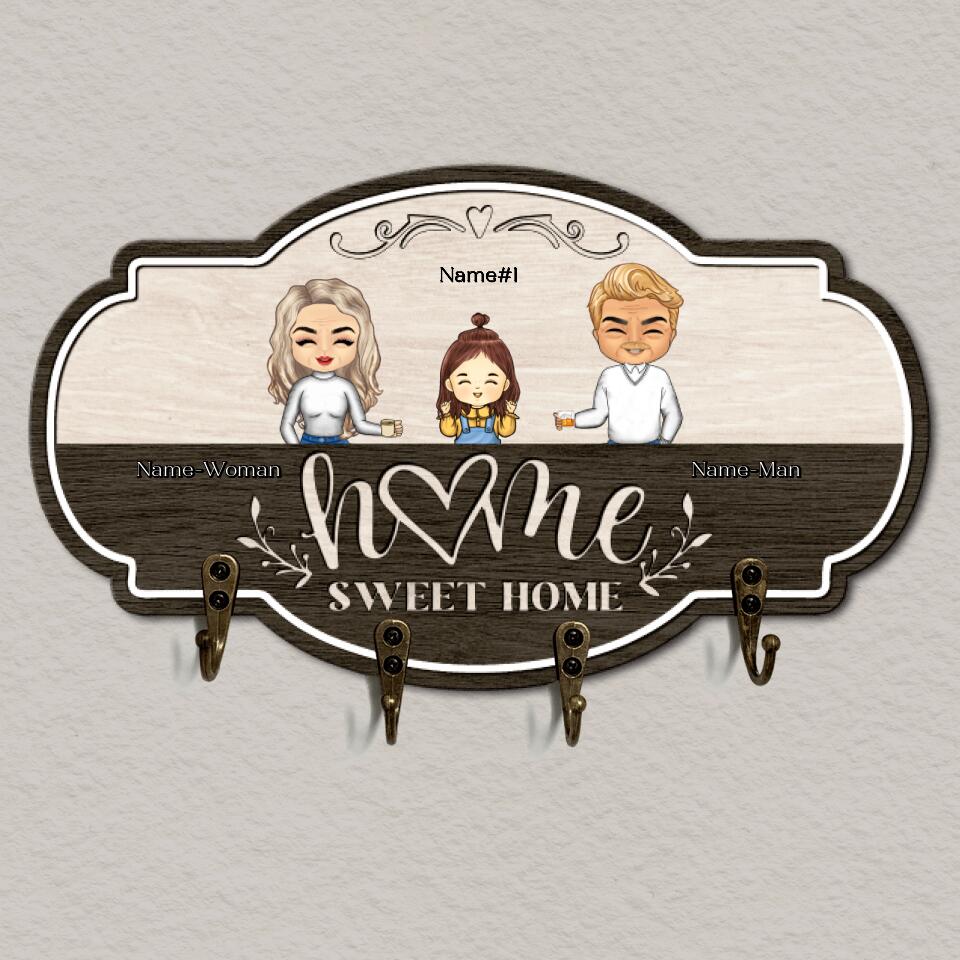 Home Sweet Home - Personalized Parents & Kids Gift For Family, Husband Wife Wooden Key Hanger