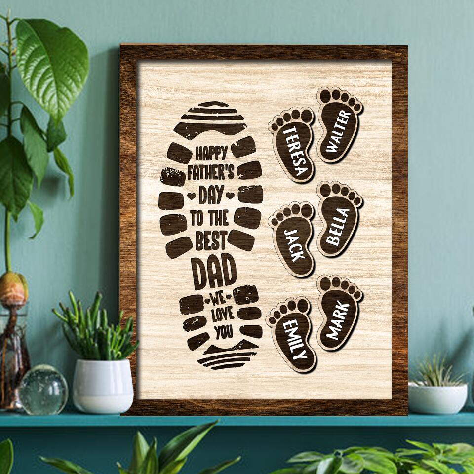 Happy Father's Day To The Best Dad - Personalized Footprints Wooden Frame (Up To 6 Kids)