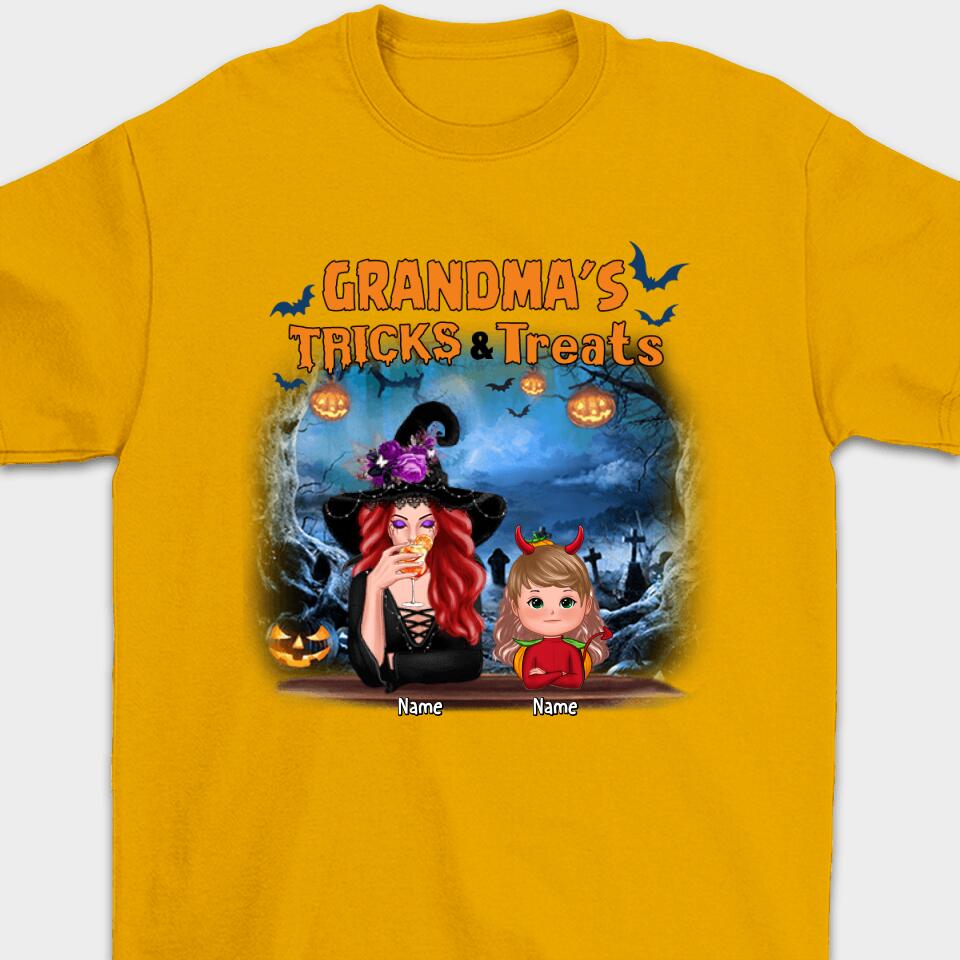 Grandma Tricks & Treats Kids Halloween Personalized Shirt