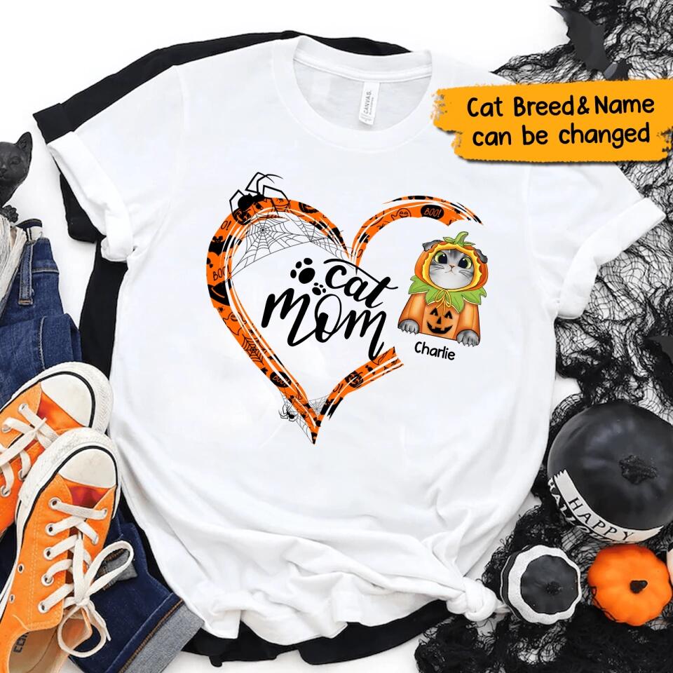 Personalized Halloween Heart Shape  Funny Cat Mom Shirt