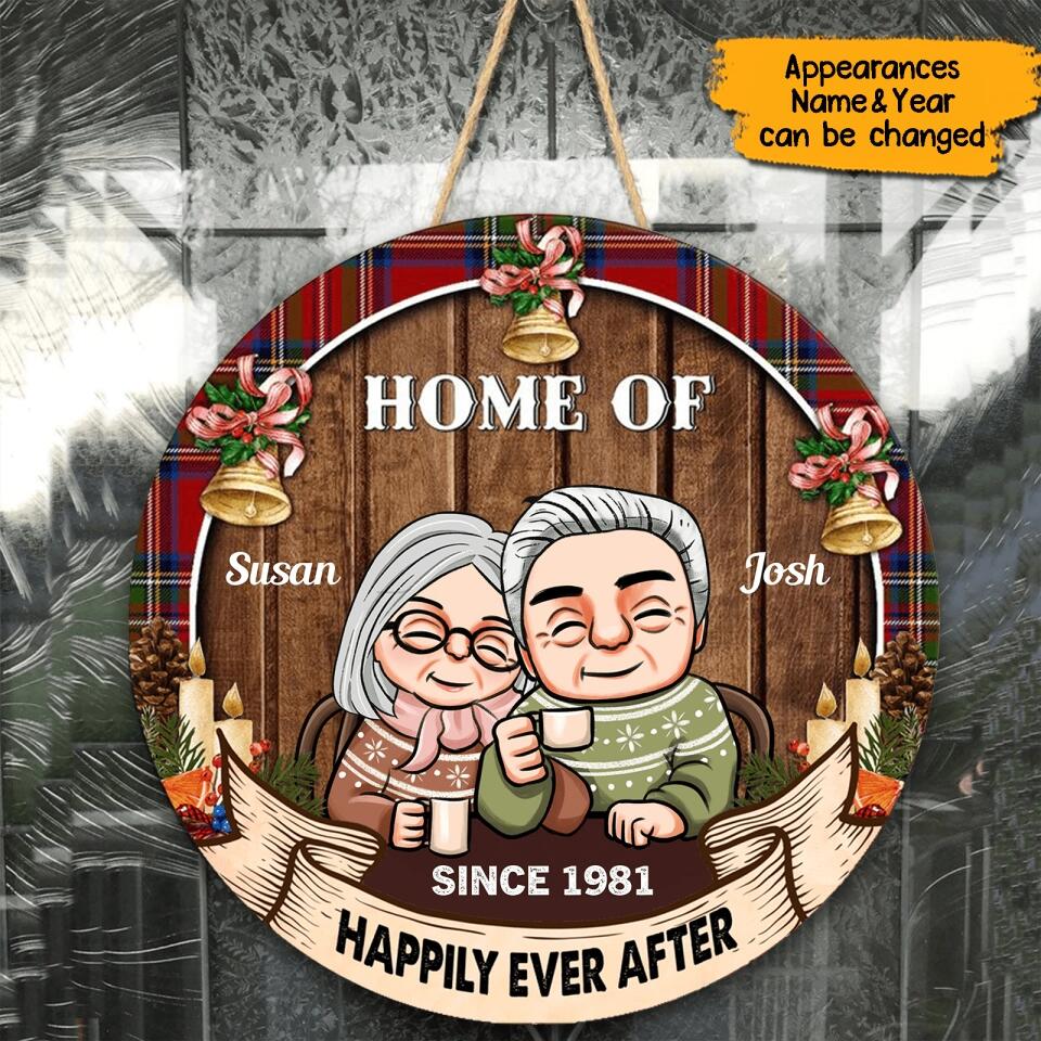 Home Of Us - Personalized Christmas Couple Round Wooden Door Sign