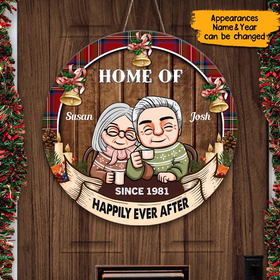 Home Of Us - Personalized Christmas Couple Round Wooden Door Sign