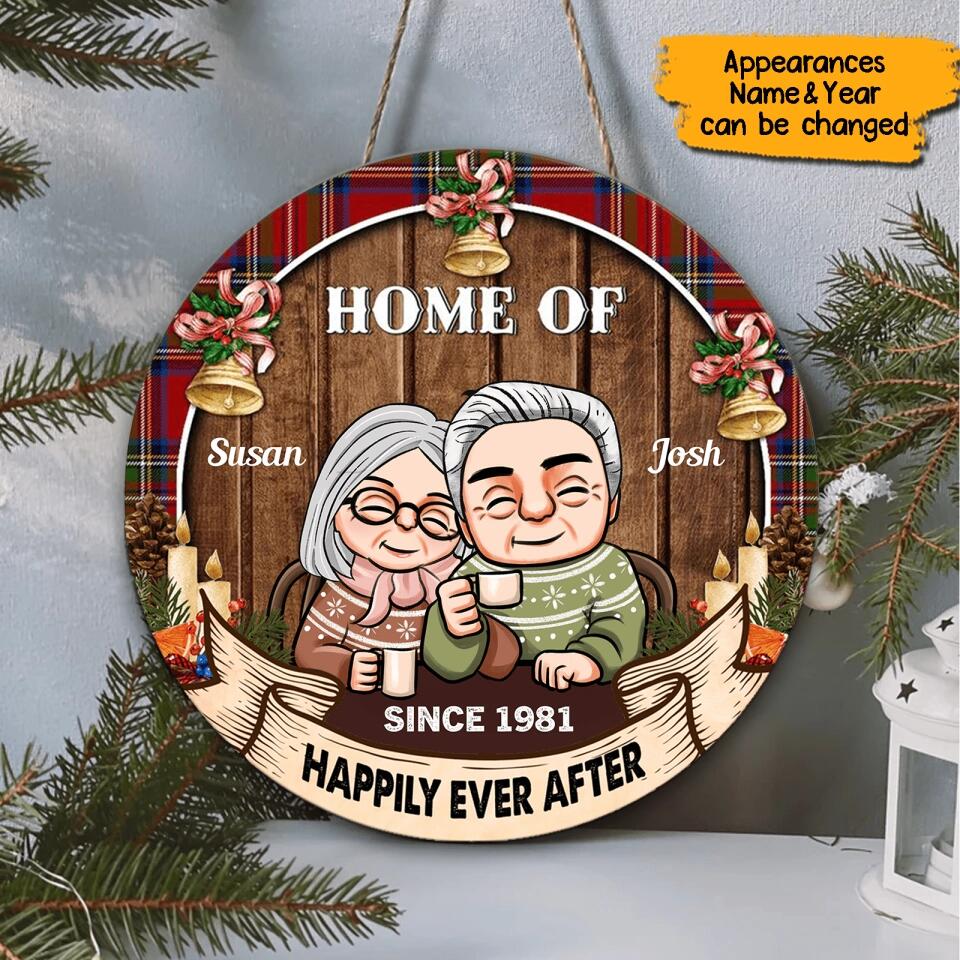 Home Of Us - Personalized Christmas Couple Round Wooden Door Sign