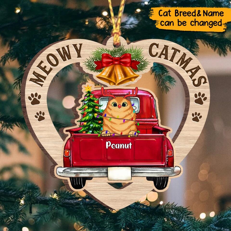 Personalized Heart Shape Peeking Cats In Christmas Truck  Wooden Ornament