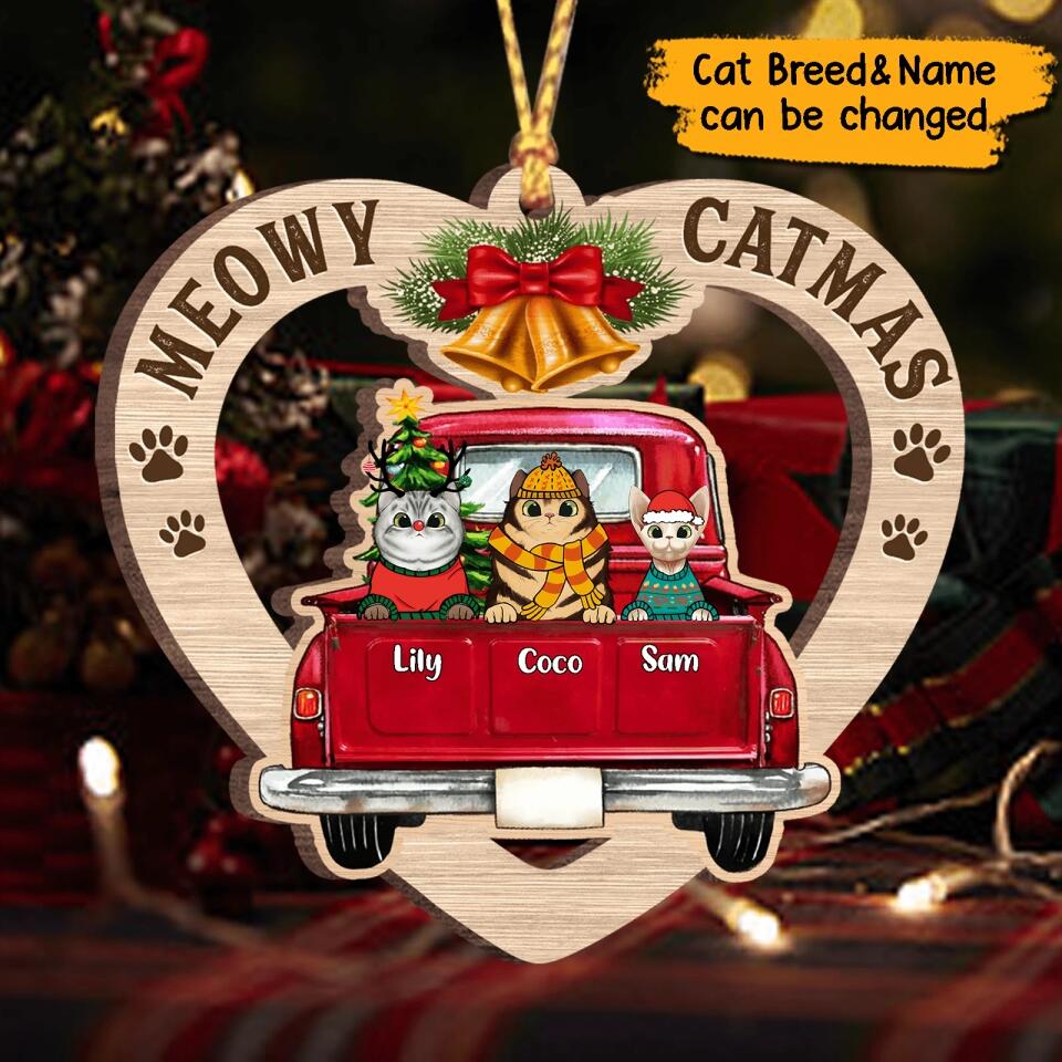 Personalized Heart Shape Peeking Cats In Christmas Truck  Wooden Ornament