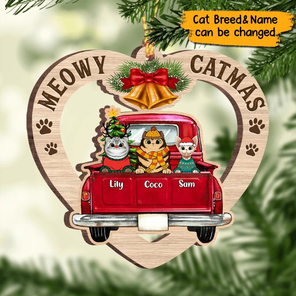 Personalized Heart Shape Peeking Cats In Christmas Truck  Wooden Ornament