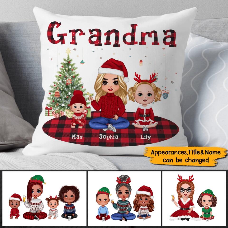 Personalized Grandma Christmas Plaid Pillow,Up to 4 Kids