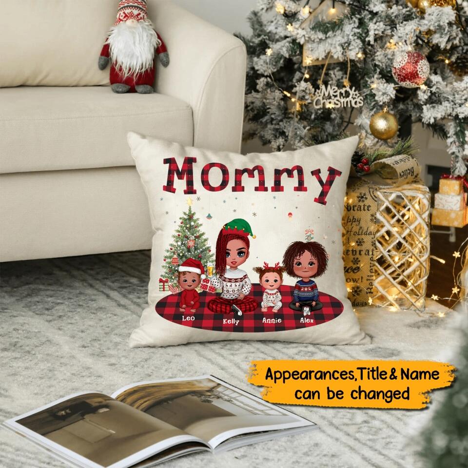 Personalized Grandma Christmas Plaid Pillow,Up to 4 Kids