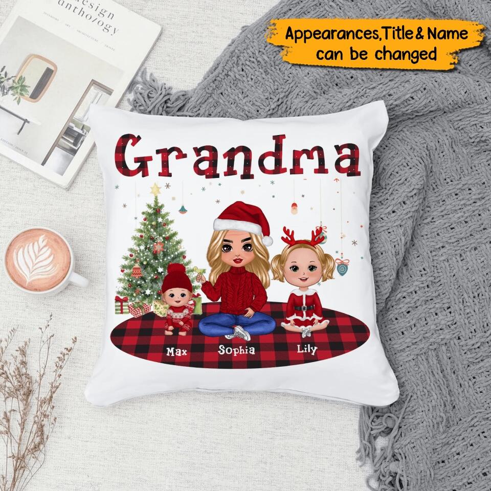 Personalized Grandma Christmas Plaid Pillow,Up to 4 Kids