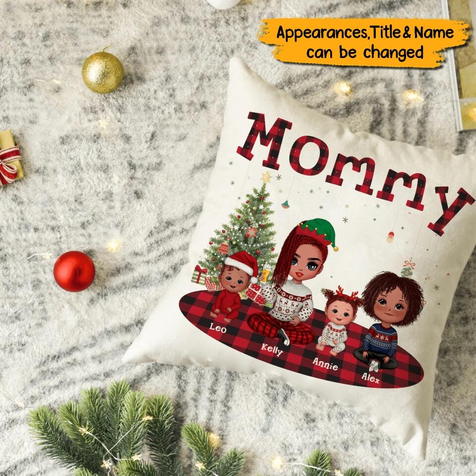 Personalized Grandma Christmas Plaid Pillow,Up to 4 Kids