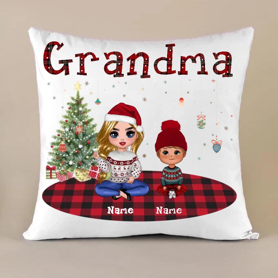 Personalized Grandma Christmas Plaid Pillow,Up to 4 Kids