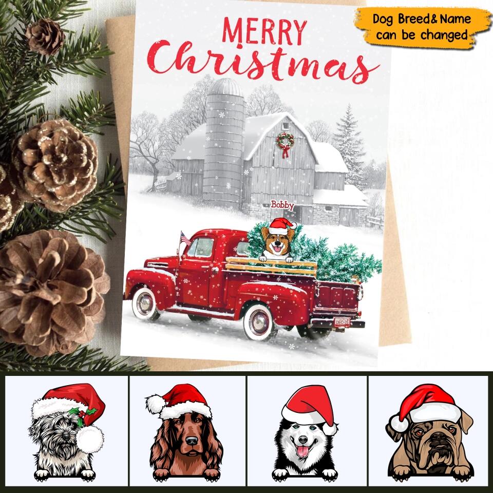 Personalized Red Truck Christmas Postcard For Dog Lovers