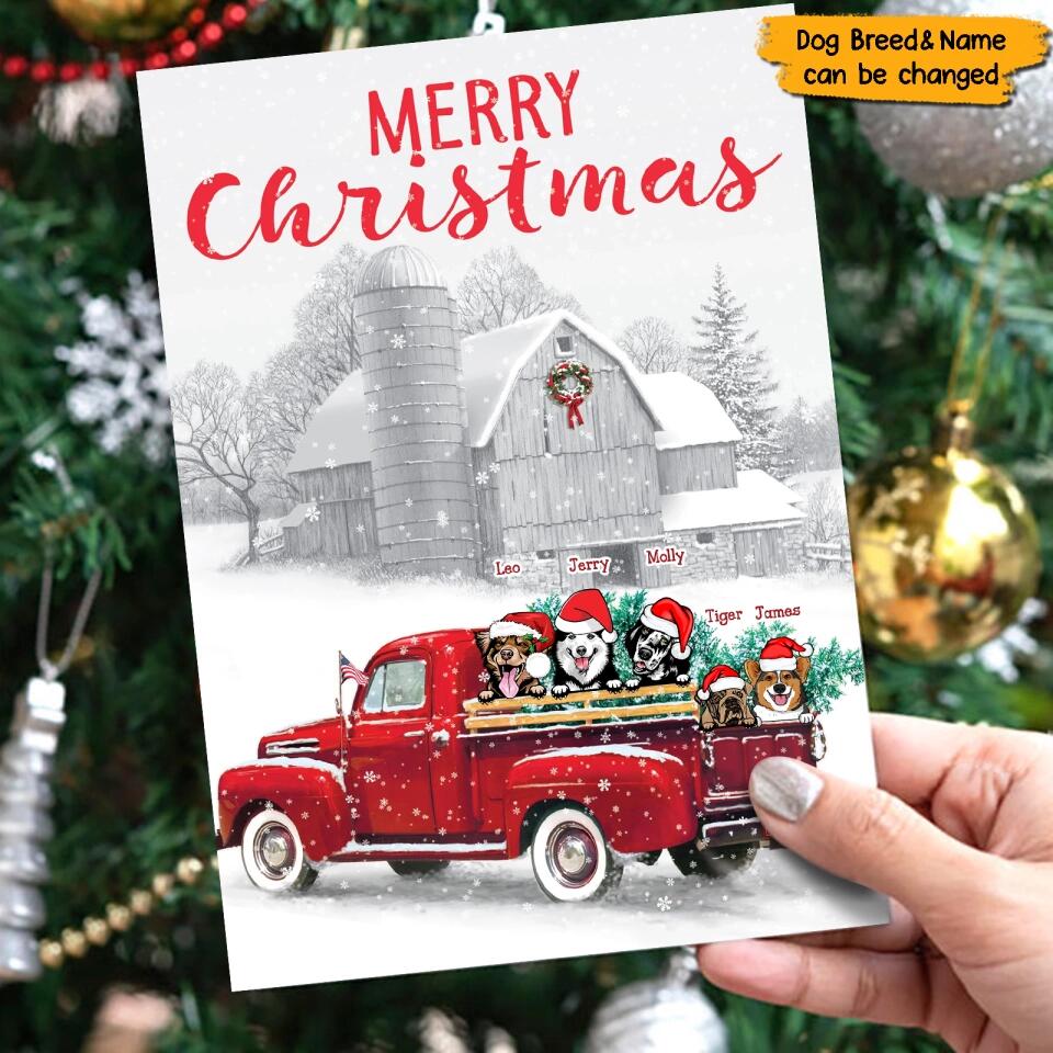 Personalized Red Truck Christmas Postcard For Dog Lovers