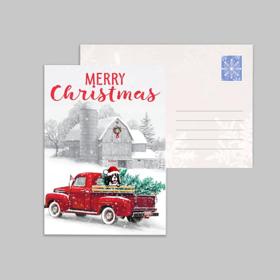 Personalized Red Truck Christmas Postcard For Dog Lovers